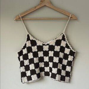 Brown and Cream Crochet Checkered Top NWOT